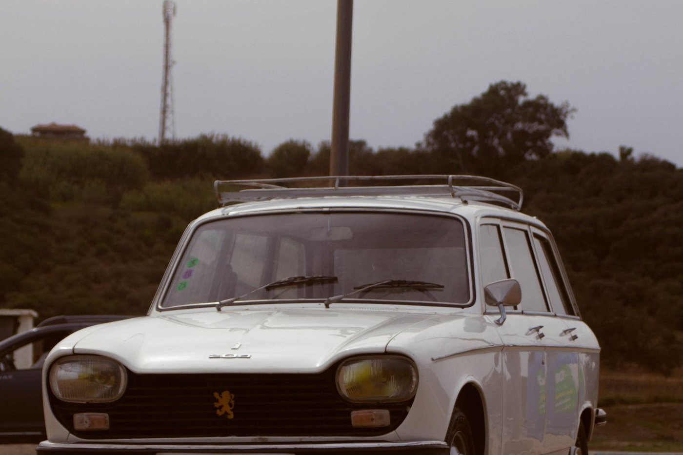 Face avant d'un break Peugeot 304 avec sa calandre noire et son lion doré