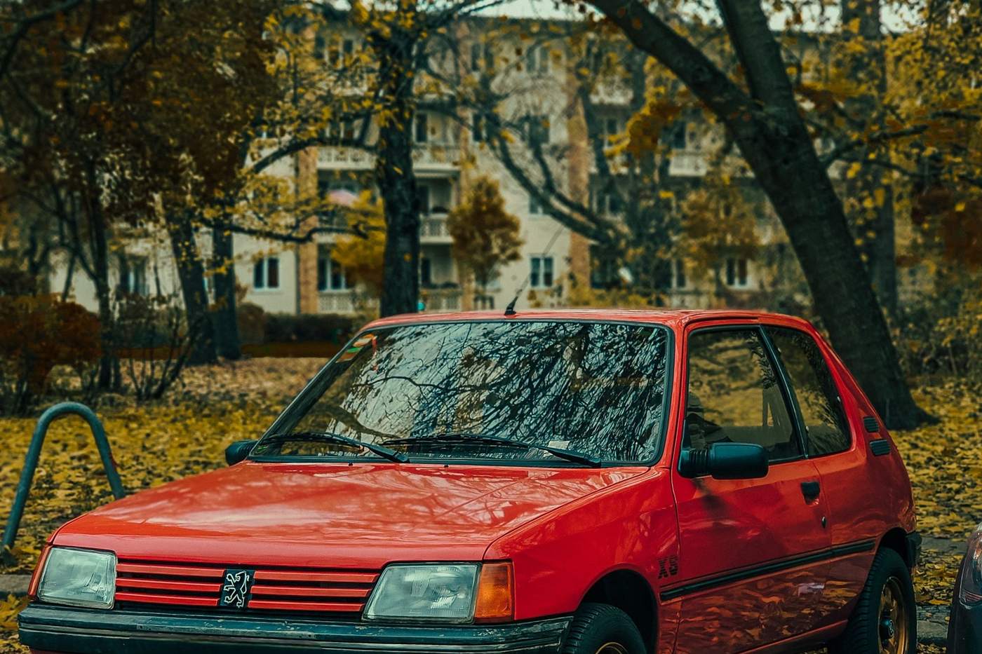 Peugeot 205 rouge garee sous les arbres en automne